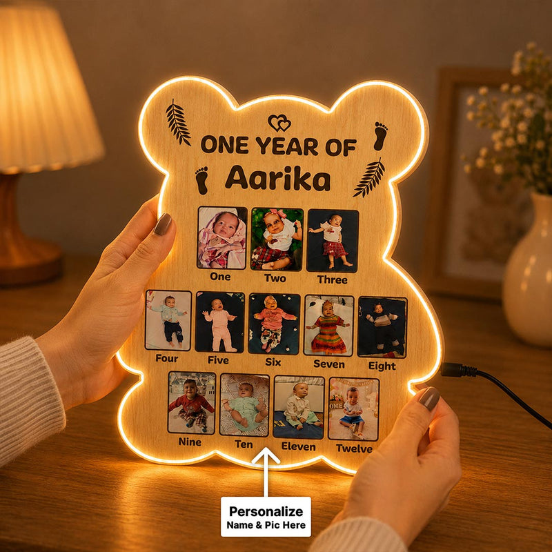 Personalized Baby Monthly Memory LED Wooden Photo Frame with Custom Name & 12 Baby Photos | First Birthday Keepsake Gift for Baby Girls, Boys & Parents - 18x14" | Love Craft Gifts™
