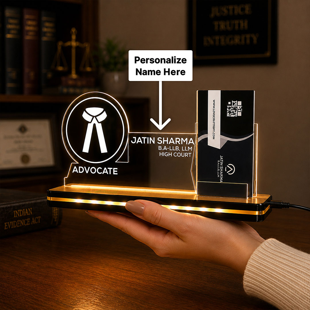 Personalized Advocate LED Visiting Card Holder with Custom Name | Professional Lawyer Desk Décor Gift for Advocates - 8x6" | Love Craft Gifts™