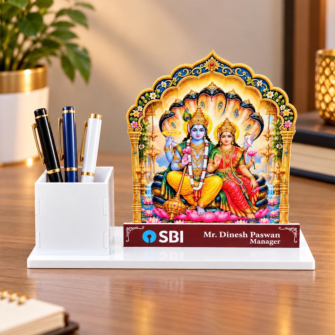 Personalized Lakshmi Narayan Desk Nameplate with Pen Holder | Custom Corporate Diwali Gift for Employees | Love Craft Gifts™