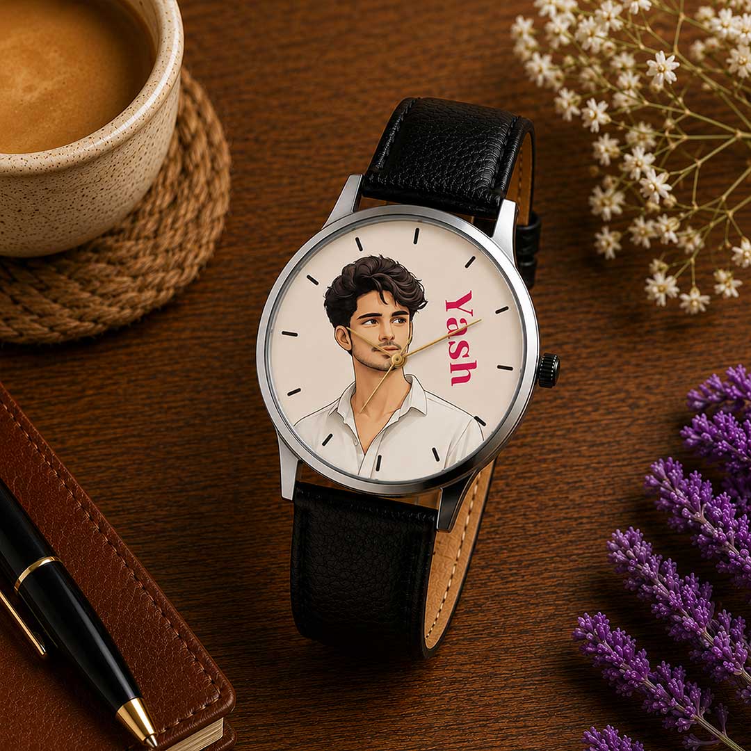 Personalized Leather Strap Photo Watch | Custom Name Wrist Watch for Him | Love Craft Gifts™