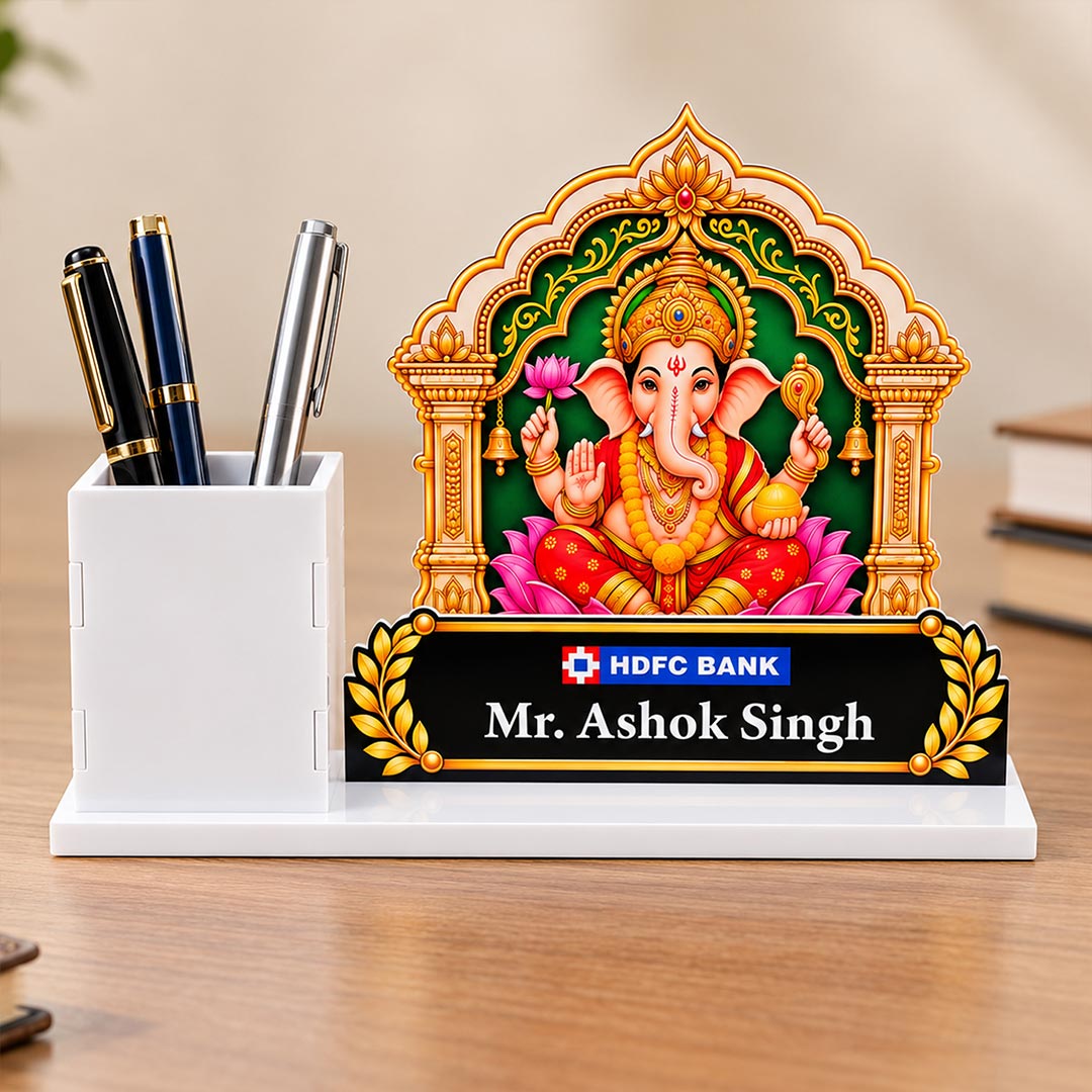 Personalized Lord Ganesha Pen Stand 10x7" | Custom Logo & Name | Love Craft Gifts™