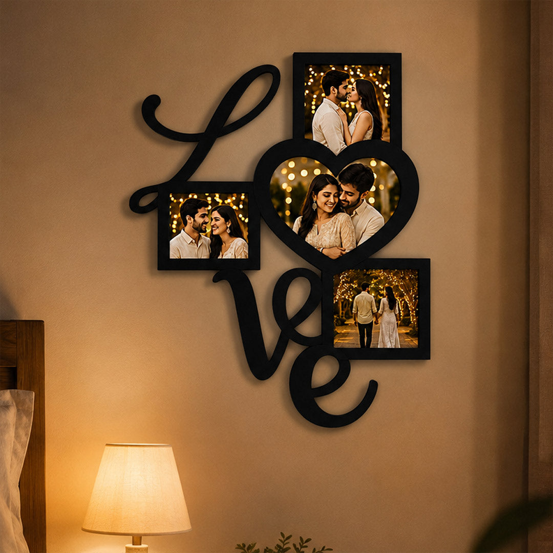 Personalized Love Photo Wall Frame 12x15" | Wooden 4 Photo Couple Collage Design | Love Craft Gifts™