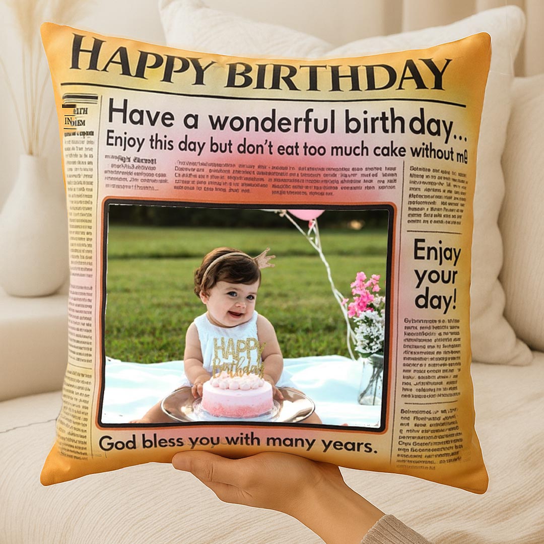 Happy Birthday Newspaper Style Personalized Cushion (10x10) | Love Craft Gifts