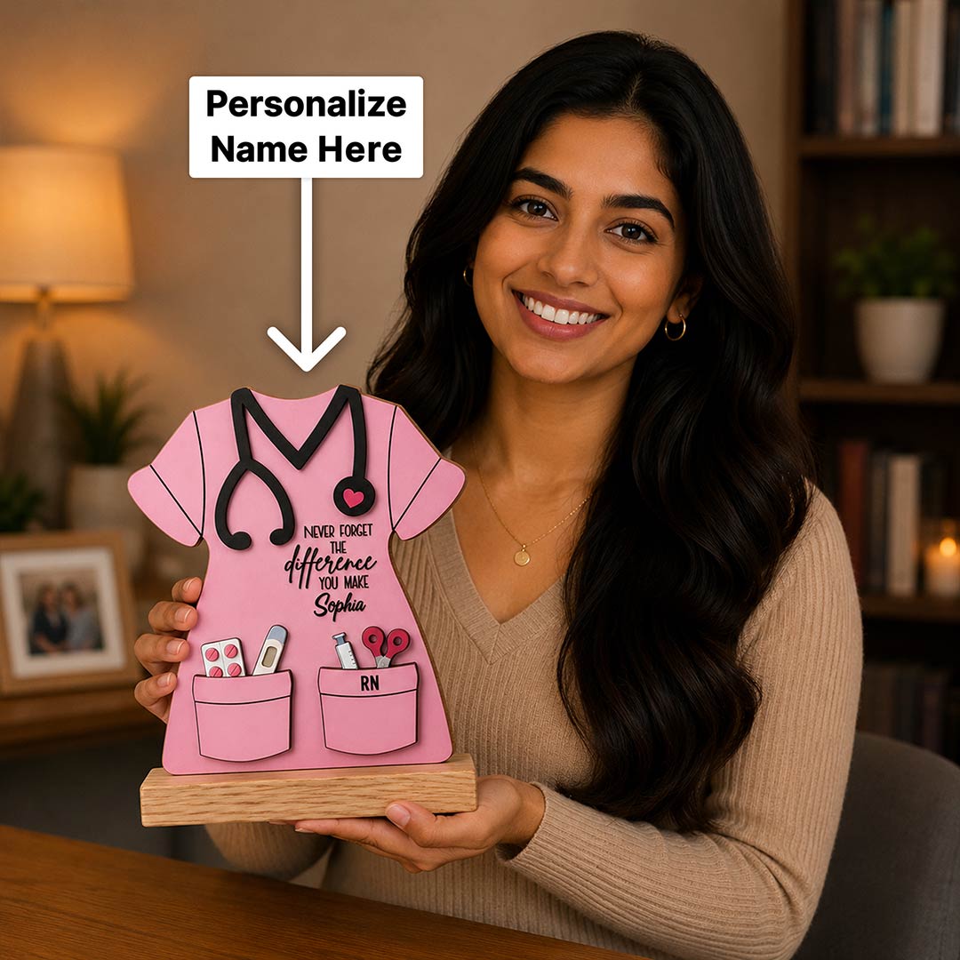 Personalized Nurse Gift with Name | Pink Scrub & Stethoscope Table Stand for Nurses