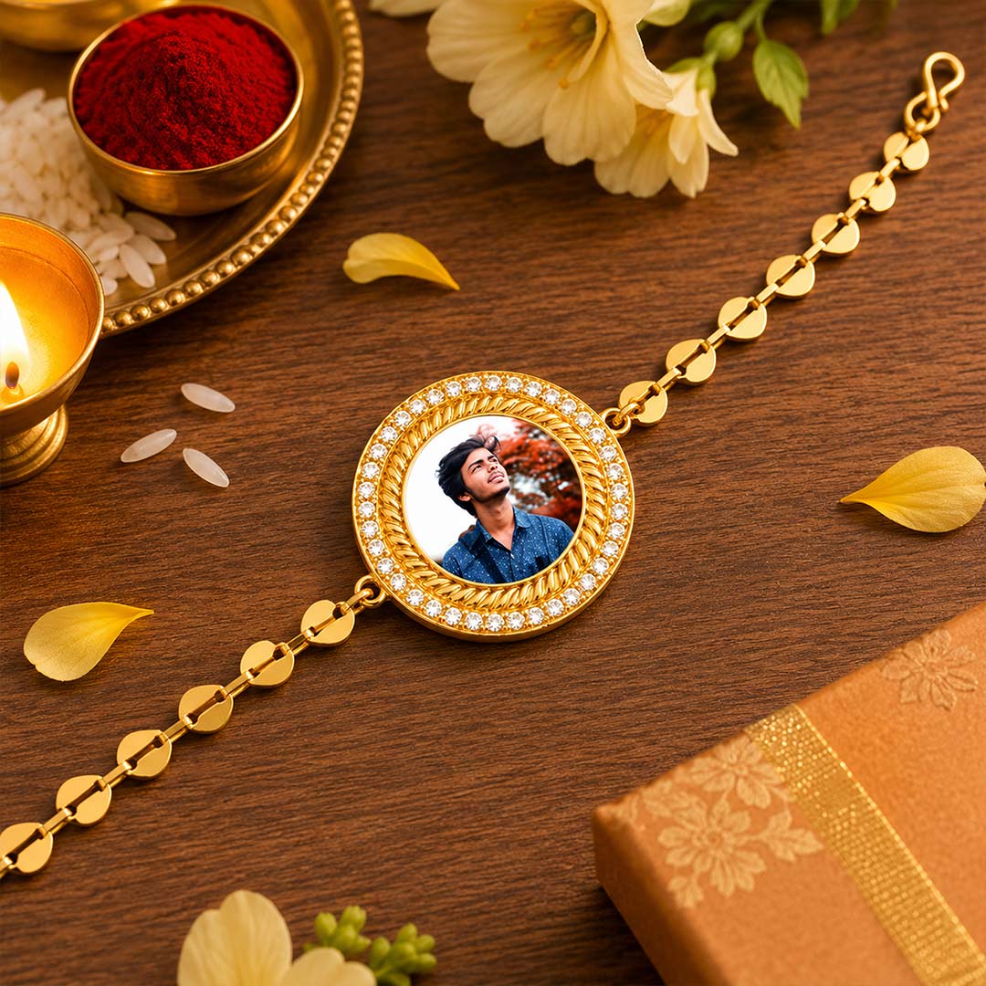 Personalized Photo Rakhi with Gold Chain Custom Raksha Bandhan Gift for Brother | Love Craft Gifts™