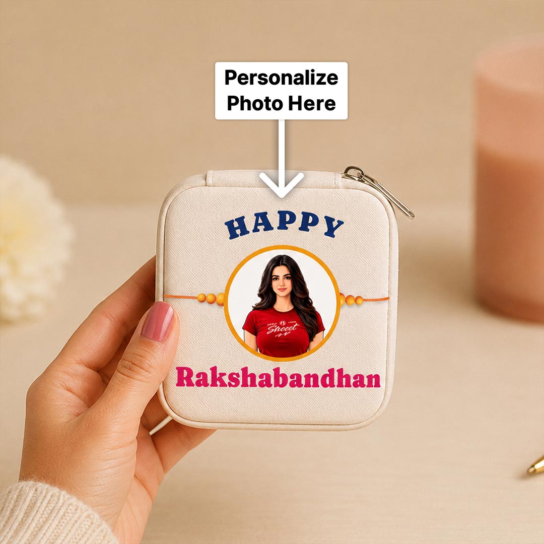 Personalized Rakhi Special Jewellery Travel Case | Custom AI Cartoon Portrait & Name Gift for Sister | Love Craft Gifts™