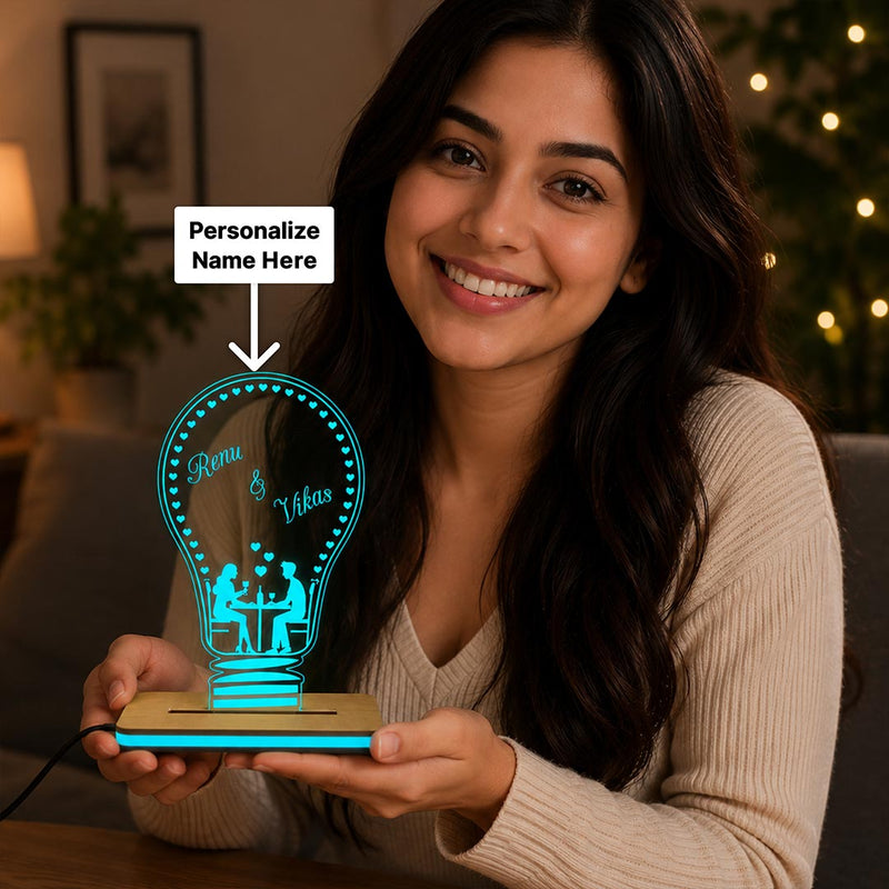 Personalized Romantic Couple LED Table Lamp | Custom Name Glowing Bulb Design with Hearts | Valentine's Day Gift | Love Craft Gifts™