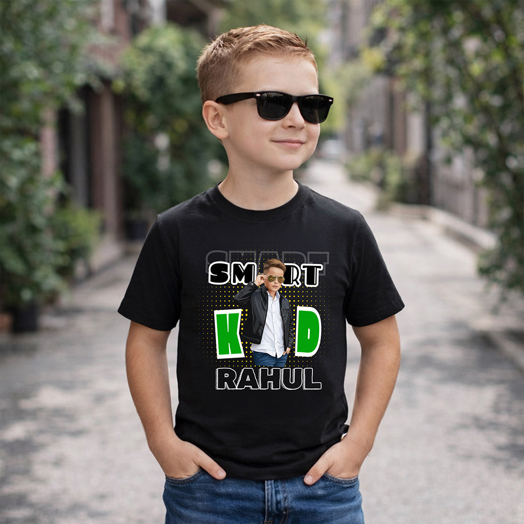 Personalized Smart Kid Boys T-Shirt – Custom Name & Photo Printed Black Tee for Kids | Love Craft Gifts