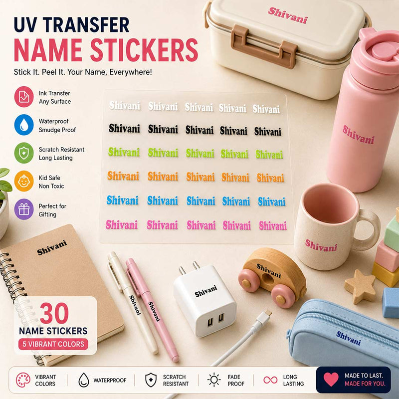Personalized UV Ink Transfer Name Stickers Pack of 30 | Custom Color Name Labels for Bottles, Tiffins & School Accessories | Love Craft Gifts™