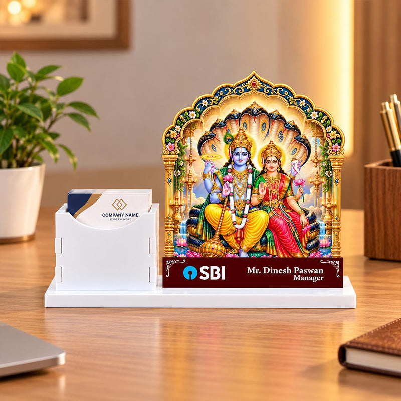 Personalized Vishnu Lakshmi Desk Stand with Visiting Card Holder 10x7" | Love Craft Gifts™