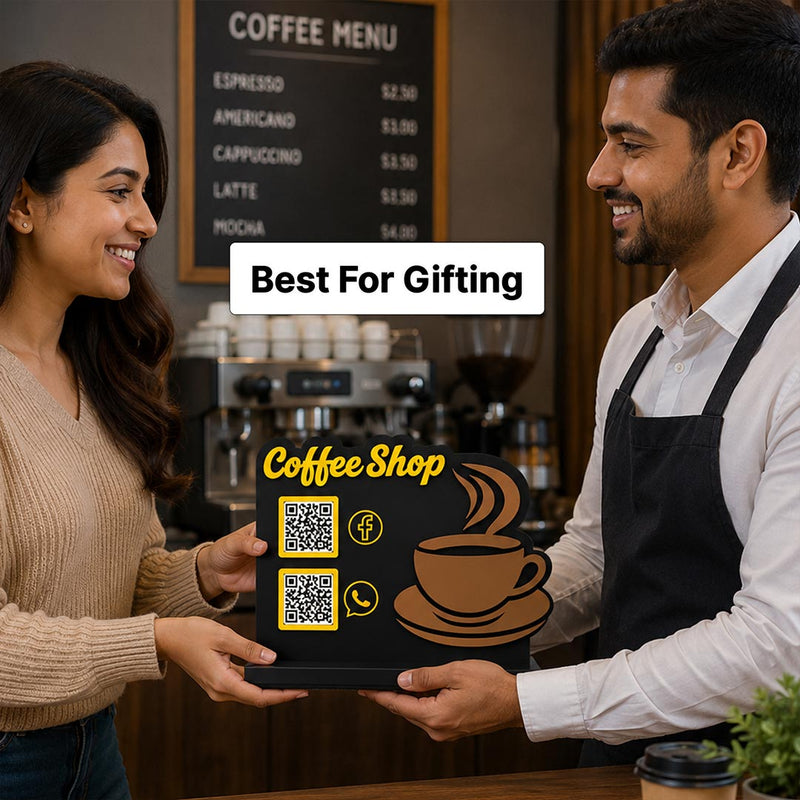 Personalized Coffee Shop QR Code Table Stand with Social Media Display | Custom Cafe Menu Scan Stand for WhatsApp & Facebook | Premium Business Counter Decor | Love Craft Gifts™
