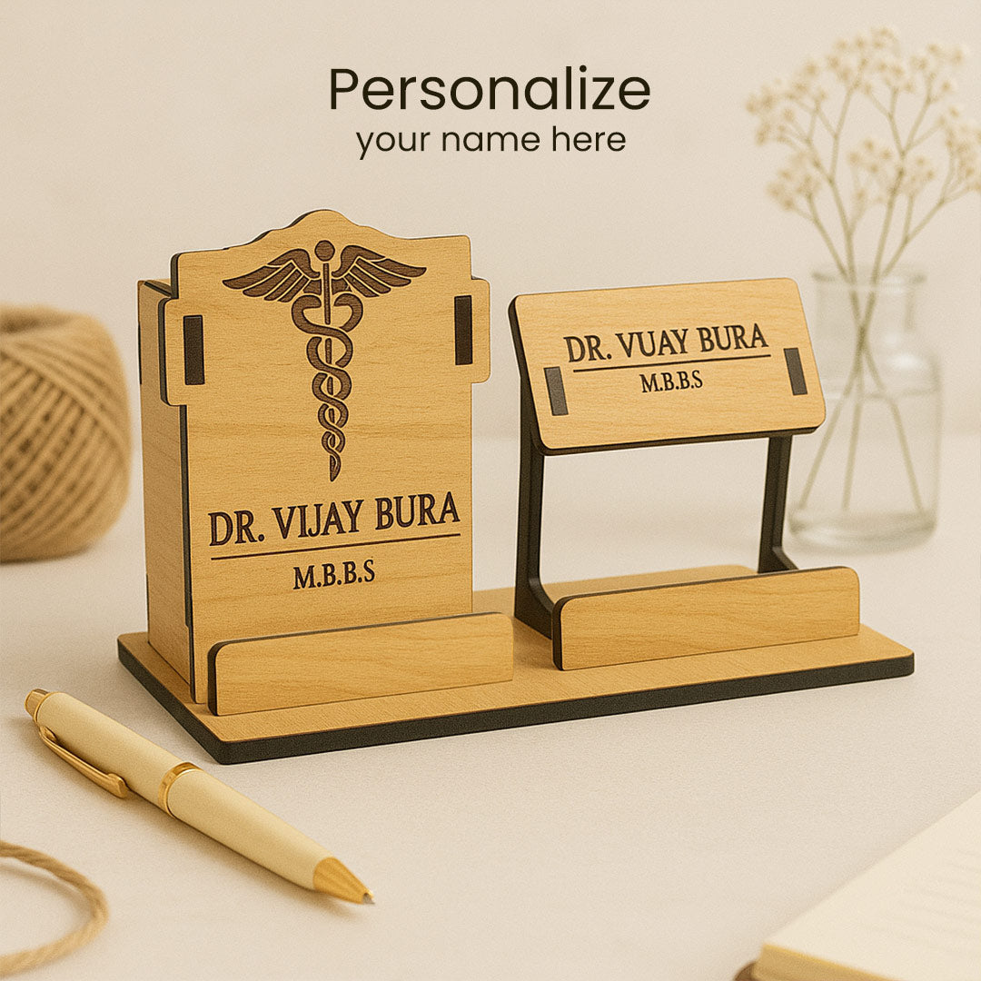 Personalized Wooden Desk Nameplate & Organizer for Doctors | Love Craft Gifts
