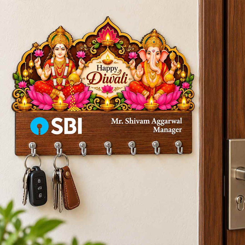 Personalized Wooden Lakshmi Ganesha Diwali Key Holder 11x8" with 7 Hooks | Love Craft Gifts™