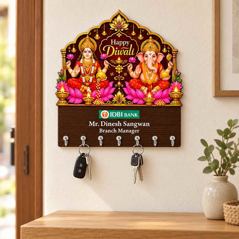 Personalized Wooden Lakshmi Ganesha Diwali Key Holder 9x10" with 7 Hooks | Love Craft Gifts™