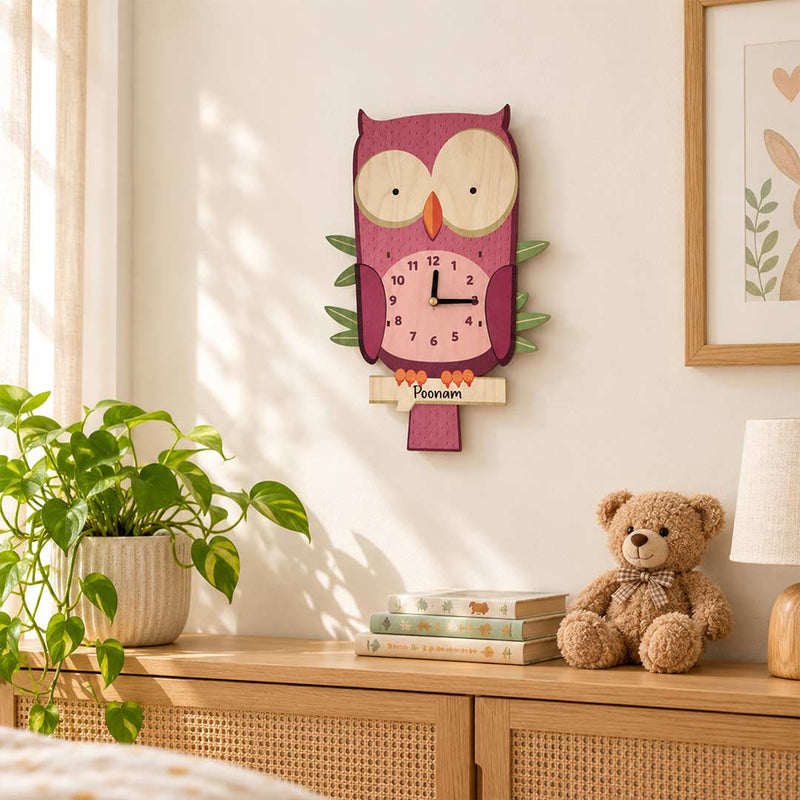Personalized Wooden Owl Name Wall Clock | Cute Kids Room Décor | Love Craft Gifts™