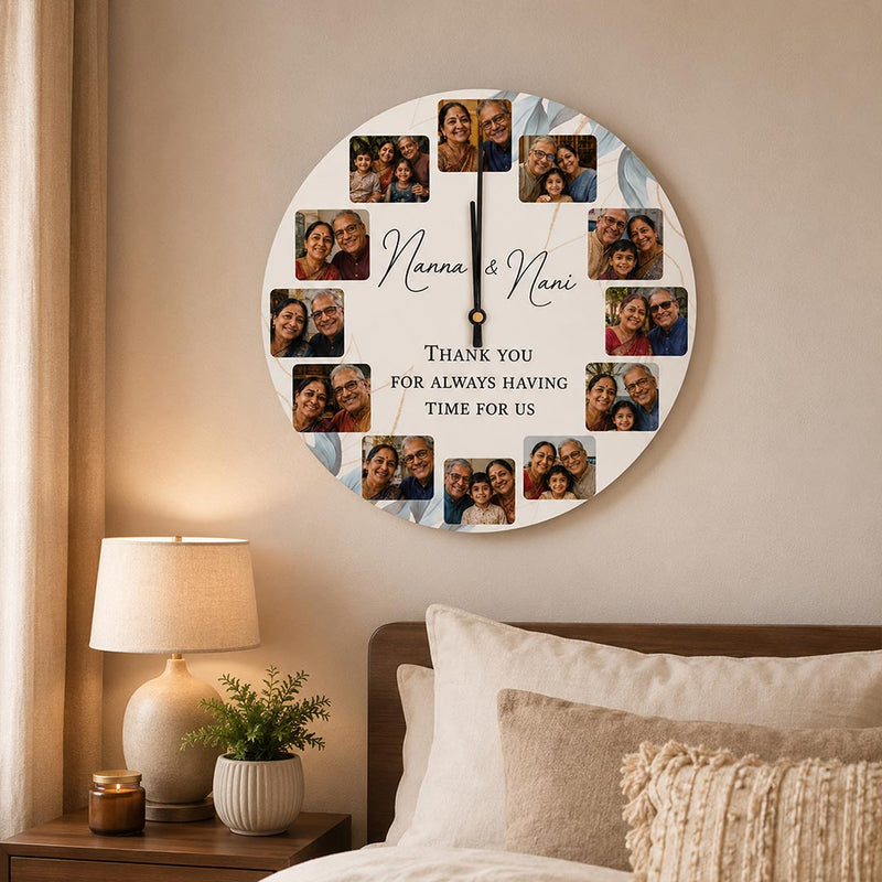 Personalized Wooden Photo Collage Wall Clock 12 Inch | Custom Photos & Names | Love Craft Gifts™