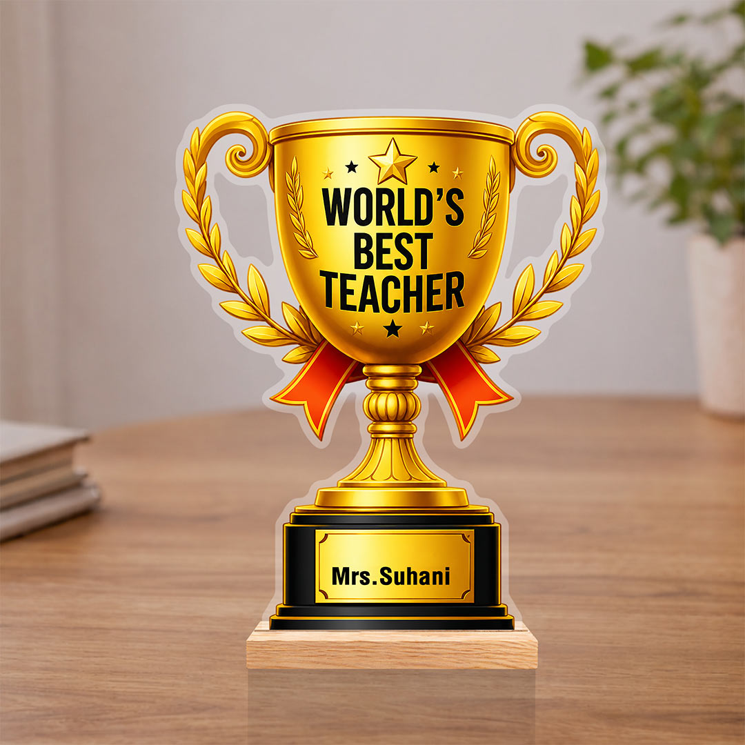 Personalized World’s Best Teacher Trophy Gift 7x5.5 Inch | Custom Name Teacher Appreciation Wooden Trophy | Love Craft Gifts™