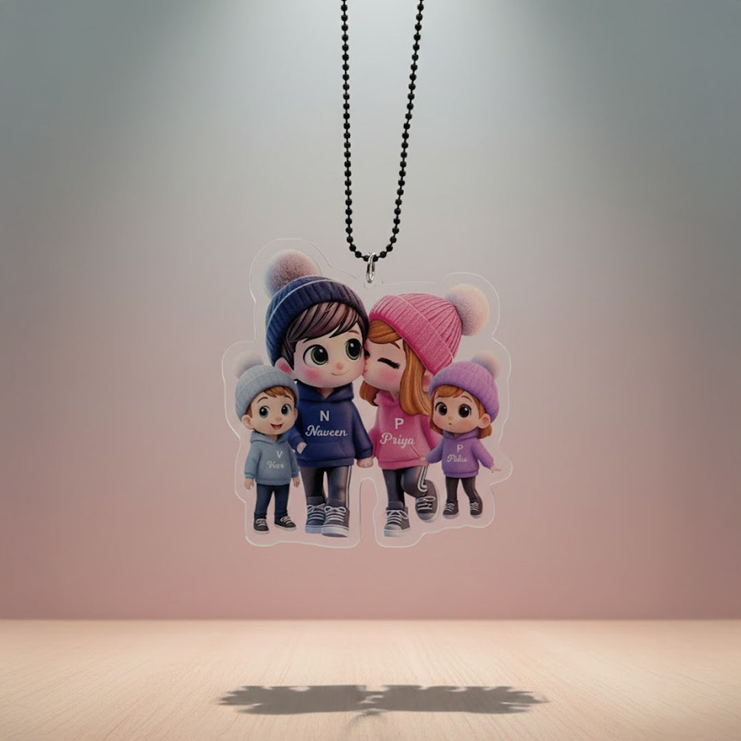 Customized Family Car Hanging | 4-Member Cartoon Acrylic Name Hanger | Personalized Car Dashboard Accessory
