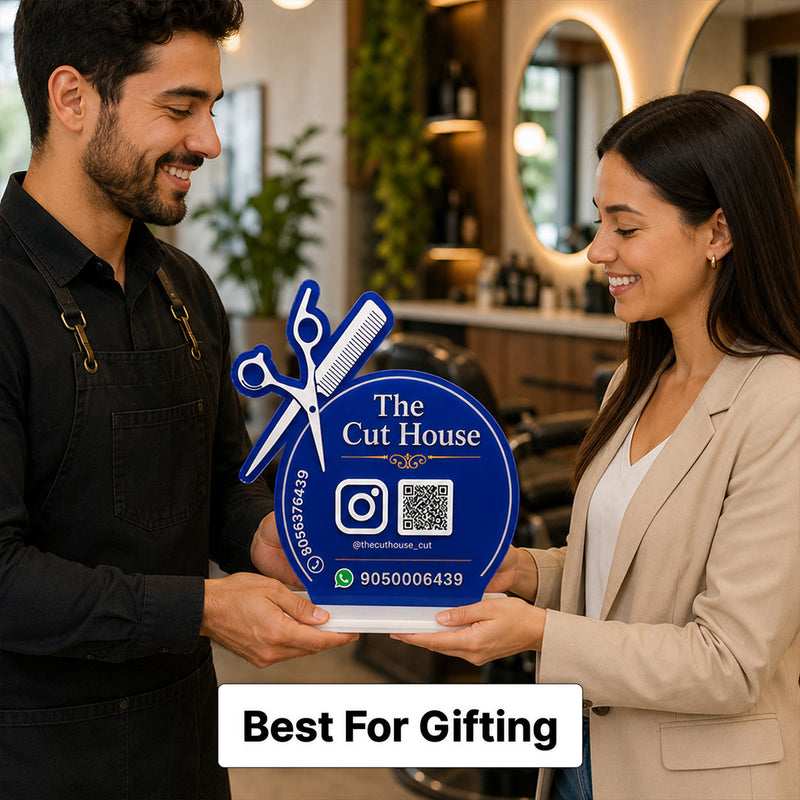 Personalized Barber Shop QR Code Table Stand with Custom Logo & Social Media Details | Business Branding Gift for Salon Owners & Hair Stylists - 8x6" | Love Craft Gifts™