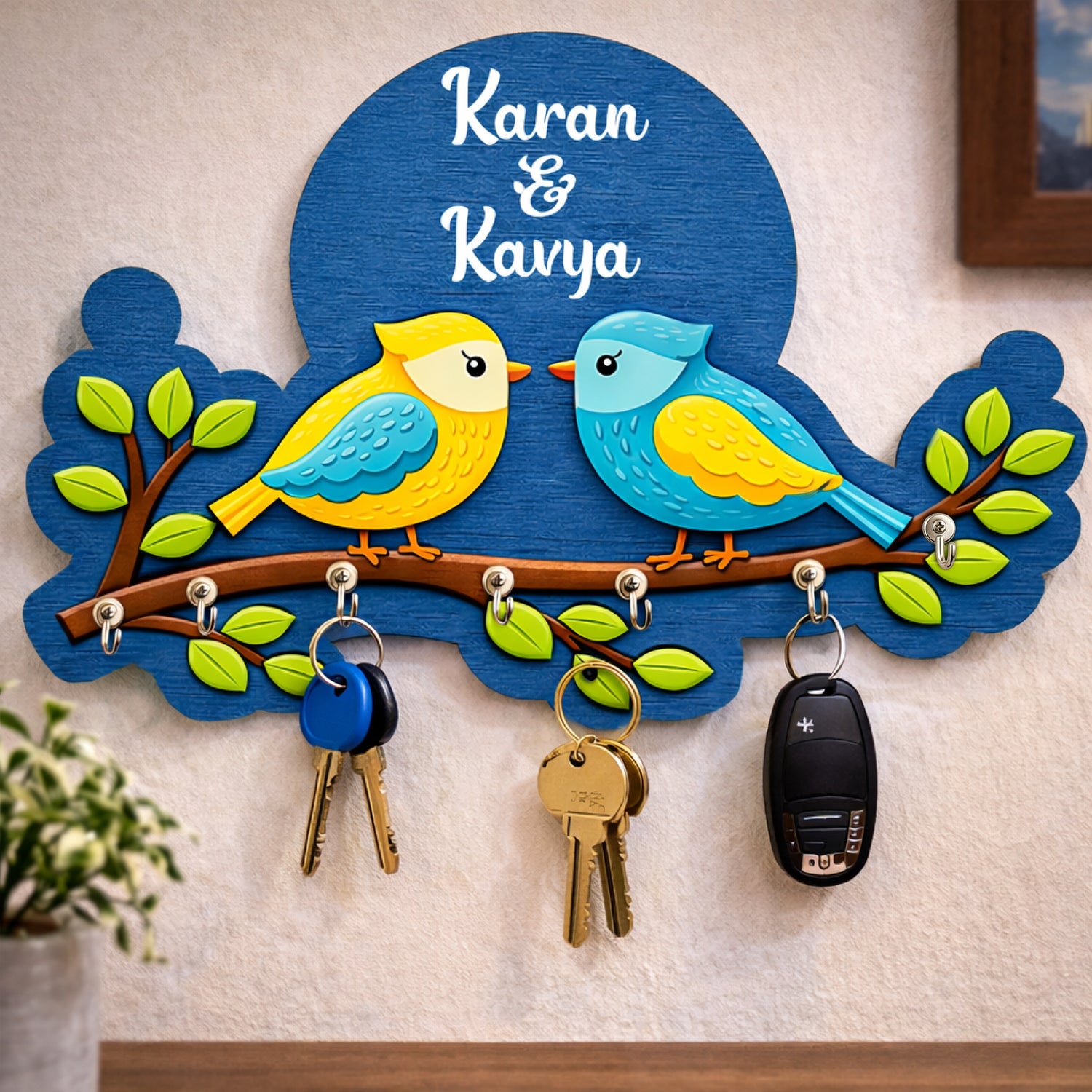 Personalized Birds Wooden Key Holder Wall Hanger with Names – Custom 3D Decorative Key Rack (10 x 6 Inch) | Love Craft Gifts