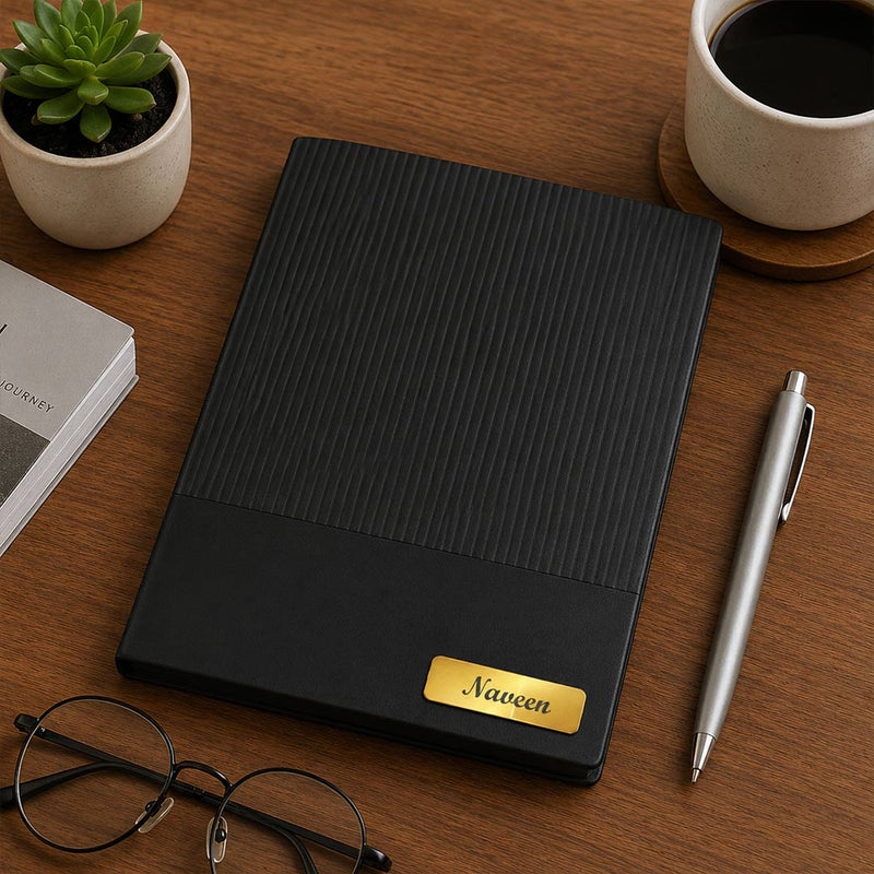 Personalized Black PU Leather Executive Diary with Custom Name Plate | Premium A5 Journal Gift for Professionals, Office Use, Meetings & Corporate Gifting | Love Craft Gifts™