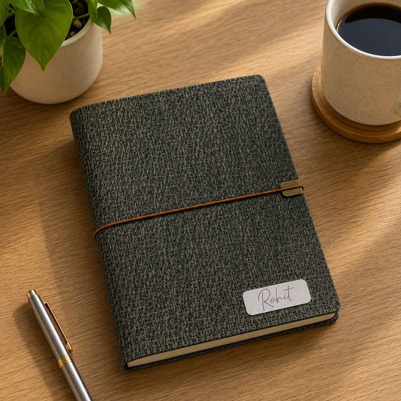 Personalized Fabric Texture Diary Notebook with Custom Name Plate | Premium Executive Journal for Office, Study & Daily Planning - Black A5 Size | Love Craft Gifts™