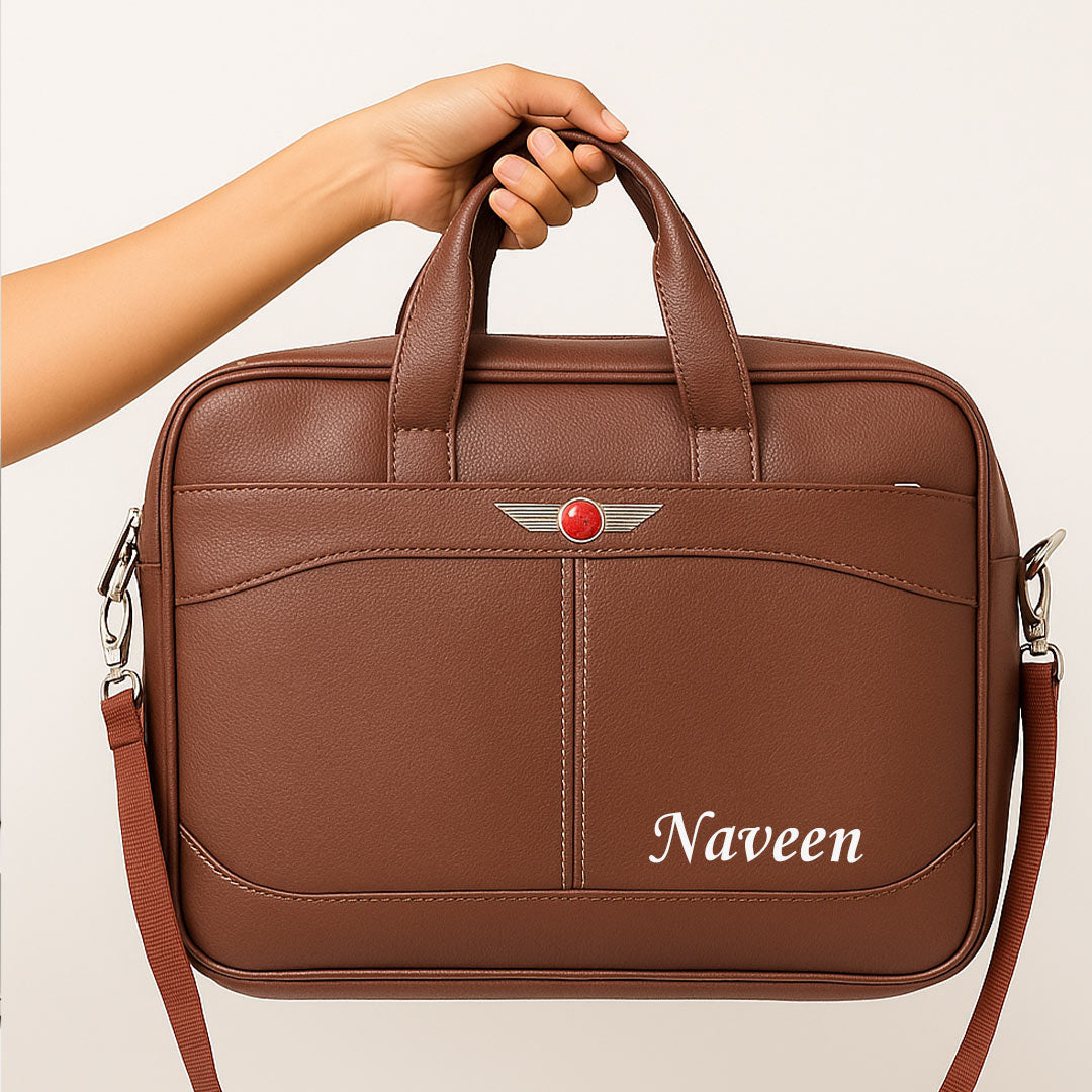 Personalized Brown Leather Office Laptop Bag – Custom Name Engraved Executive Briefcase | Love Craft Gifts