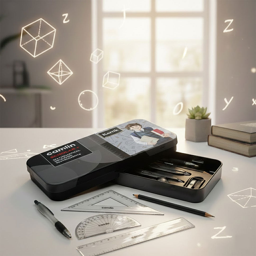 Personalized Camlin Scholar Plus Geometry Box with Name & Photo (15 cm Scale) | Love Craft Gifts