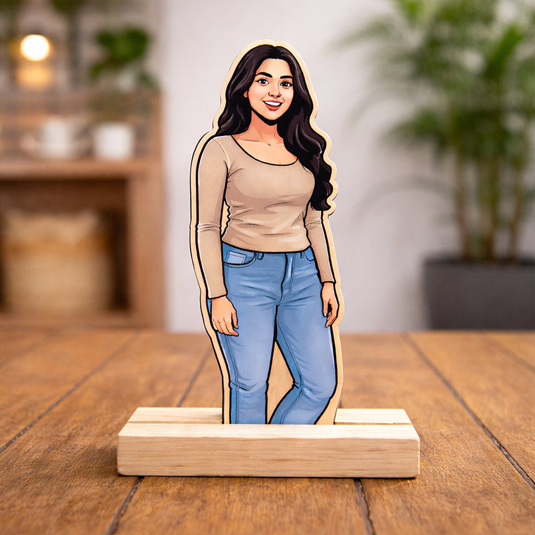 Personalized Cartoon Acrylic Photo Stand with Wooden Base – Custom Picture Cutout Table Top Gift (7x4 Inch) | Love Craft Gifts