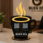 Personalized Coffee Mug QR Code Table Stand with Custom Logo & Café Branding Display | Premium Business Gift for Coffee Shops & Cafés - 8x5" | Love Craft Gifts™