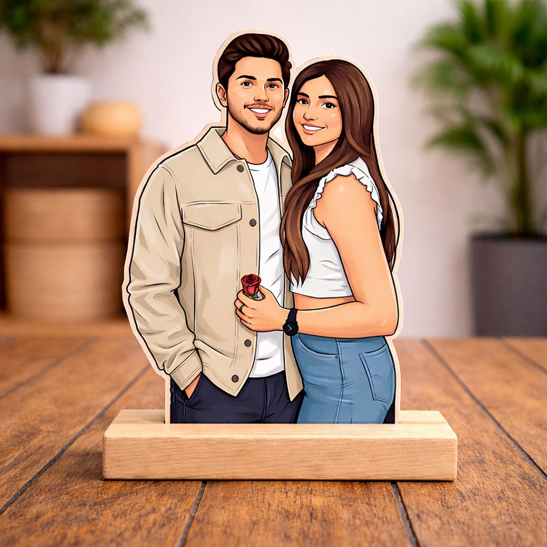 Personalized Couple Cartoon Acrylic Photo Stand with Wooden Base – Custom Picture Cutout Table Top Gift (7x4 Inch) | Love Craft Gifts