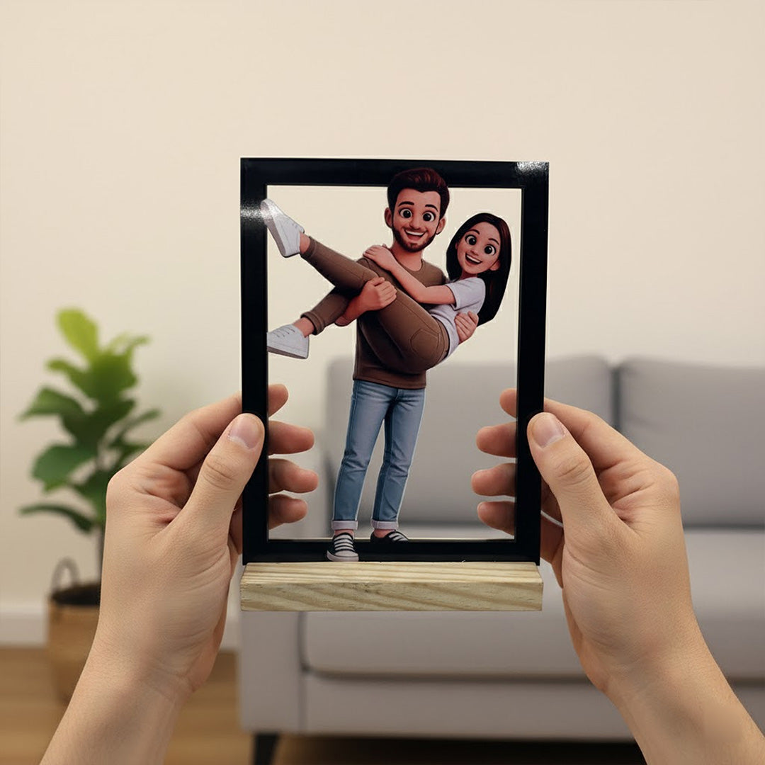 Personalized 3D Couple Photo Frame – Custom Cartoon Style Photo Table Frame (6×8 Inch) | Love Craft Gifts