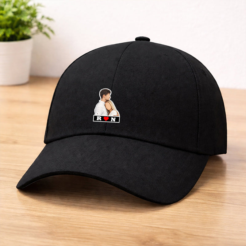Personalized Couple Photo Printed Black Caps Set of 2 – Custom Name & Picture Adjustable Matching Hats for Him & Her | Love Craft Gifts