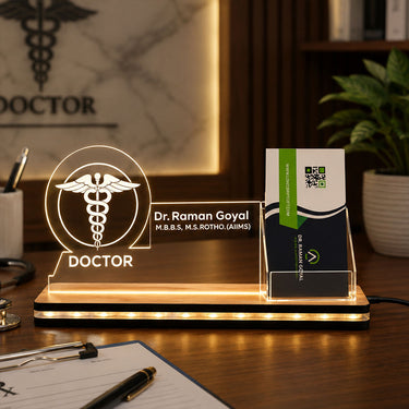 Personalized Doctor LED Visiting Card Holder with Custom Name | Professional Medical Desk Décor Gift for Doctors - 8x6" | Love Craft Gifts™