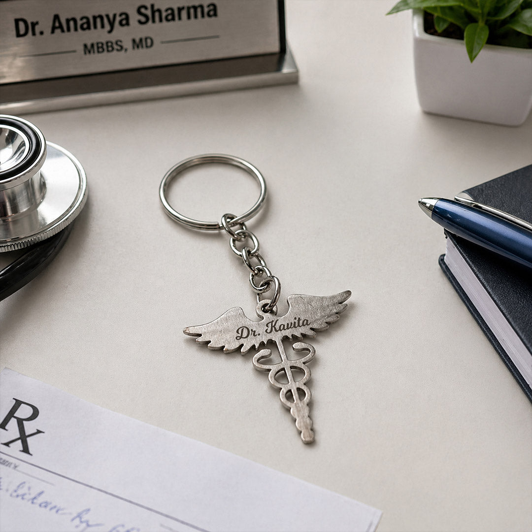 Personalized Doctor Caduceus Metal Keychain with Custom Name – Premium Medical Symbol Keyring Gift for Doctors & MBBS Students (Standard Gift Size) | Love Craft Gifts™