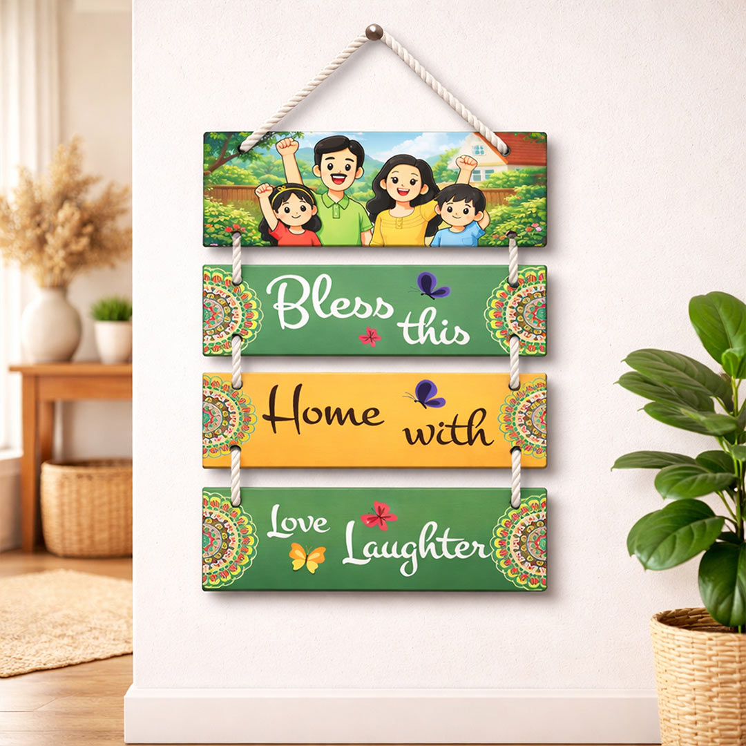 Personalized Family Bless This Home Hanging Wall Décor – Custom Wooden Multi-Layer Hanging Frame (13×9 Inch) | Love Craft Gifts