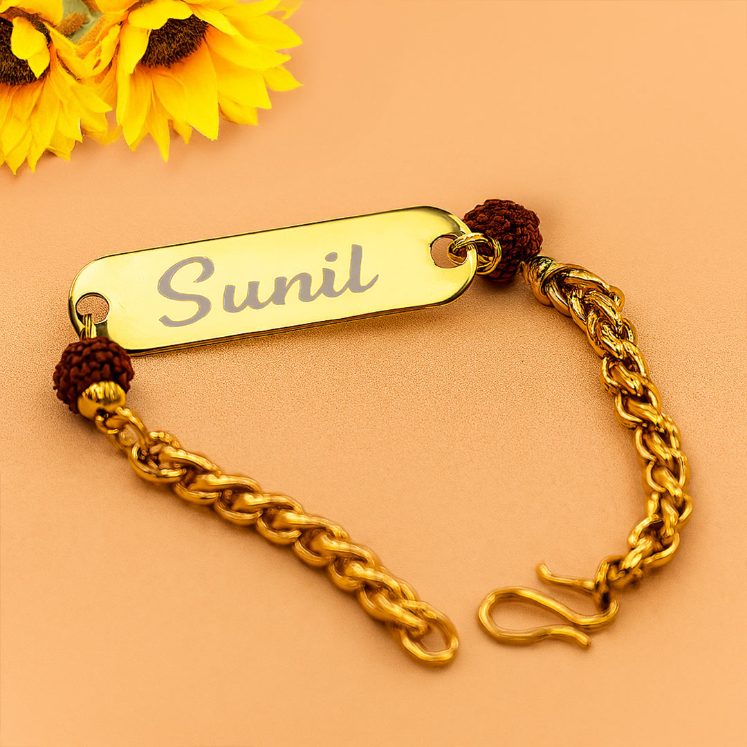 Personalized Rudraksha Rakhi with Engraved Nameplate | Love Craft Gifts