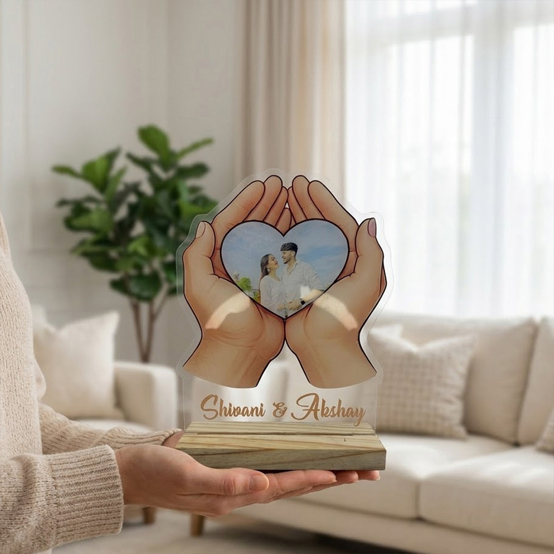 Personalized Holding Hands Heart Photo Acrylic Frame – Custom Couple Photo Table Top Gift (8×6 Inch) | Love Craft Gifts