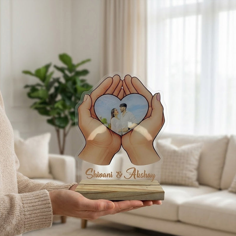 Personalized Holding Hands Heart Photo Acrylic Frame – Custom Couple Photo Table Top Gift (8×6 Inch) | Love Craft Gifts