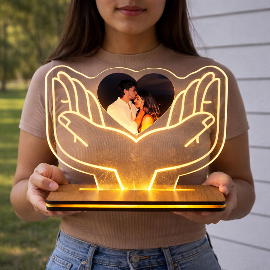 Personalized Heart Hands Acrylic LED Lamp with Photo – Custom Romantic Night Light with Wooden Base | Love Craft Gifts