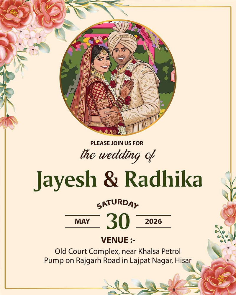 Personalized Illustrated Hindu Wedding Invitation Card | Custom Couple Names, Wedding Date & Venue Details | Traditional Shubh Vivaah Digital E-Invite for WhatsApp | Love Craft Gifts™