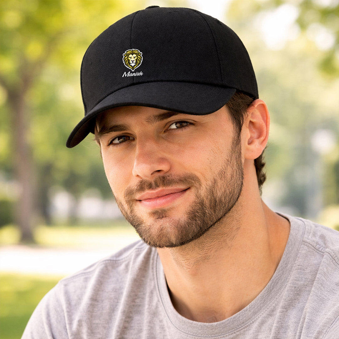 Personalized Lion Head Printed Black Cap – Custom Name Adjustable Baseball Hat for Men & Boys | Love Craft Gifts