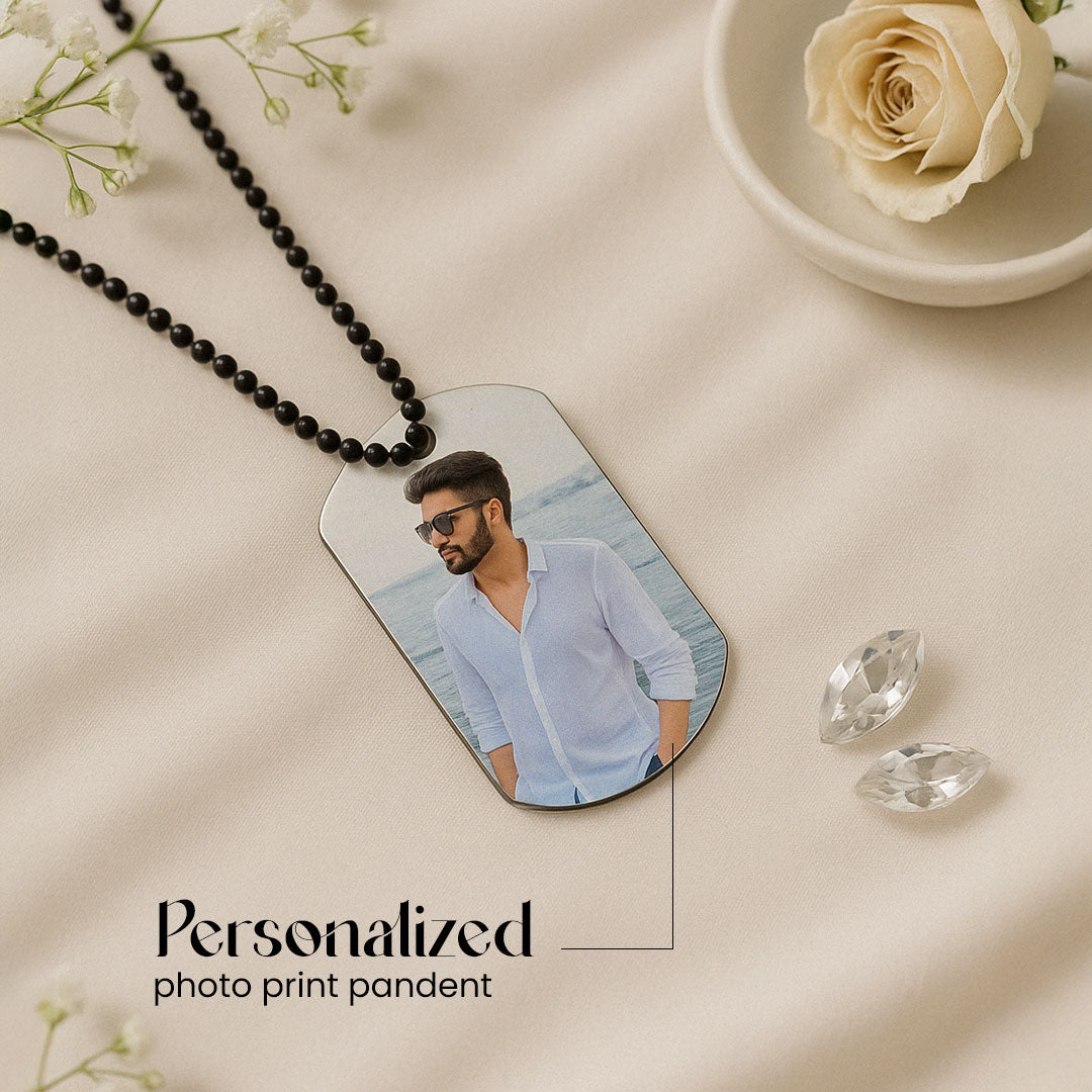 Personalized Black Bead Chain Photo Pendant – Custom Necklace for Men | Love Craft Gifts