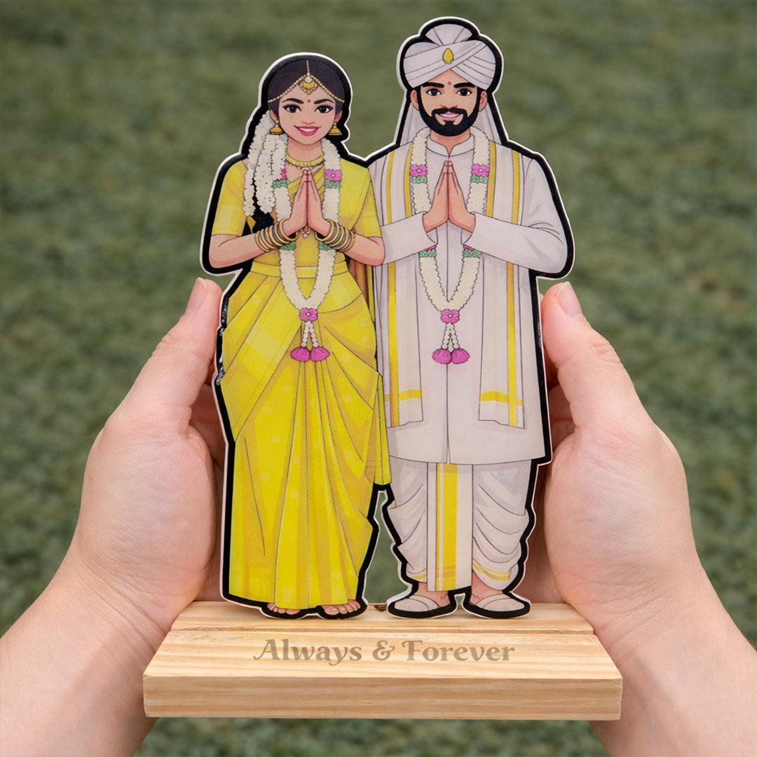 Personalized South Indian Wedding Couple Wooden Stand – Custom Photo Cartoon Wedding Gift Frame (4 × 8 Inch) | Love Craft Gifts