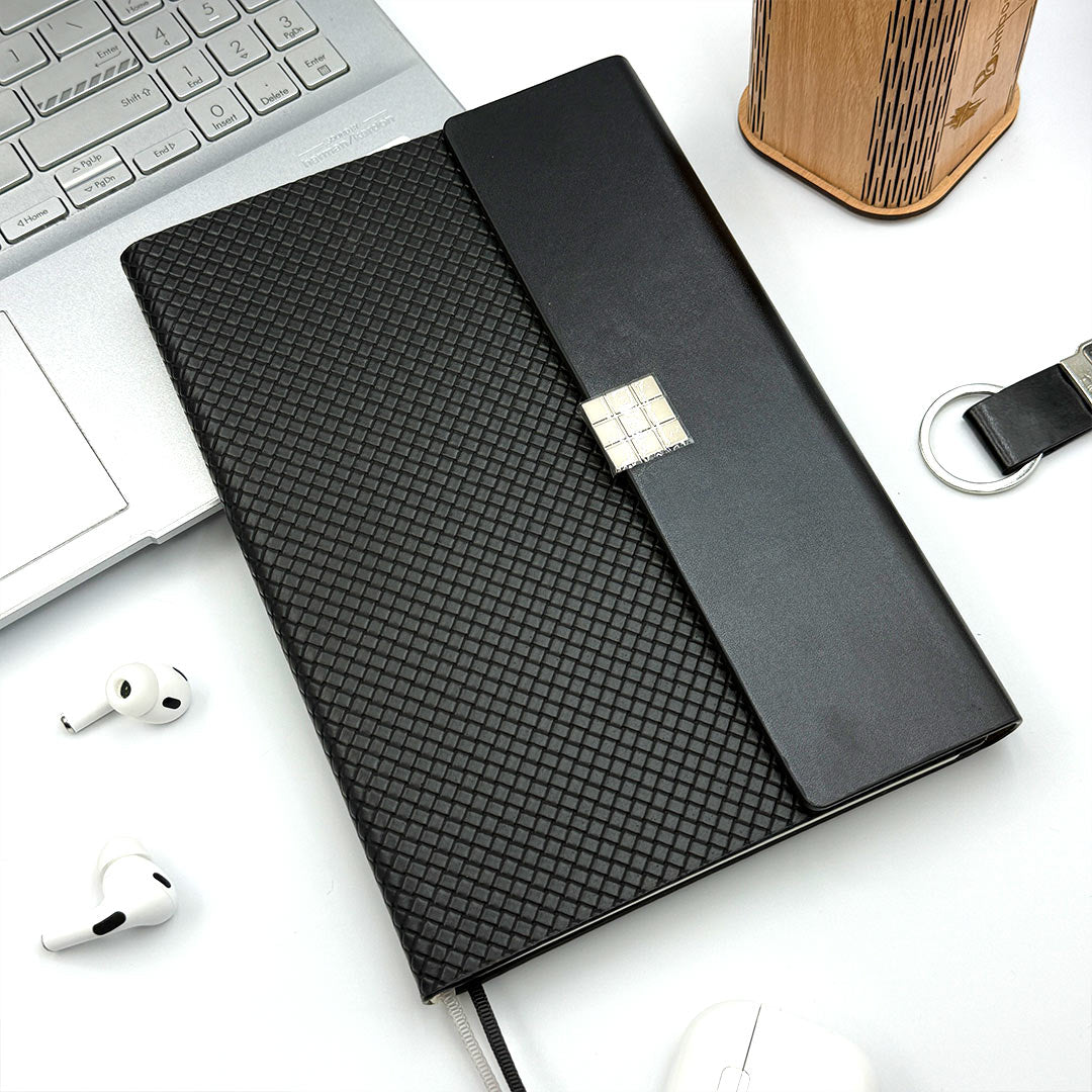 Personalized A5 Woven Vegan Leather Diary Notebook | Custom Name Journal Planner with Snap Button Closure for Office & Corporate Gifting | Love Craft Gifts™