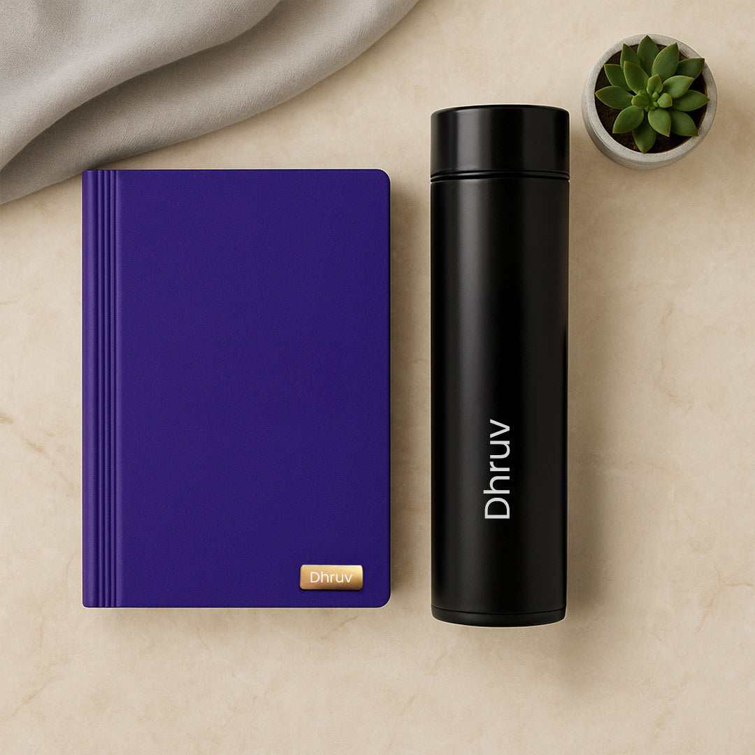 Personalized Purple Gift Set – Custom Diary, Pen & Black Bottle Combo in Premium Box | Love Craft Gifts