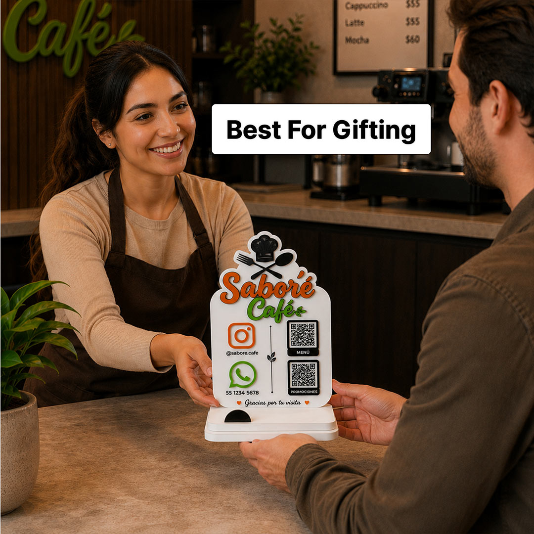Personalized Café QR Code Table Stand with Custom Logo & Social Media Display | Premium Business Branding Gift for Coffee Shops & Restaurants - 9x6" | Love Craft Gifts™