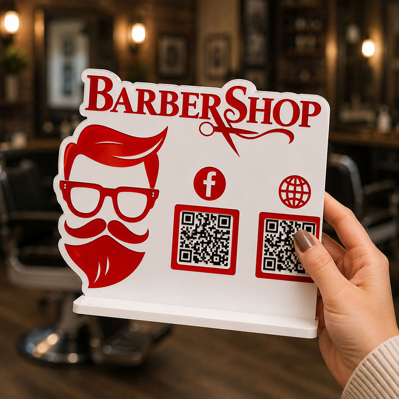 Personalized Barber Shop QR Code Table Stand | Custom Salon Social Media & Payment Scan Display for Barbers & Salons - 9x7.5" | Love Craft Gifts™