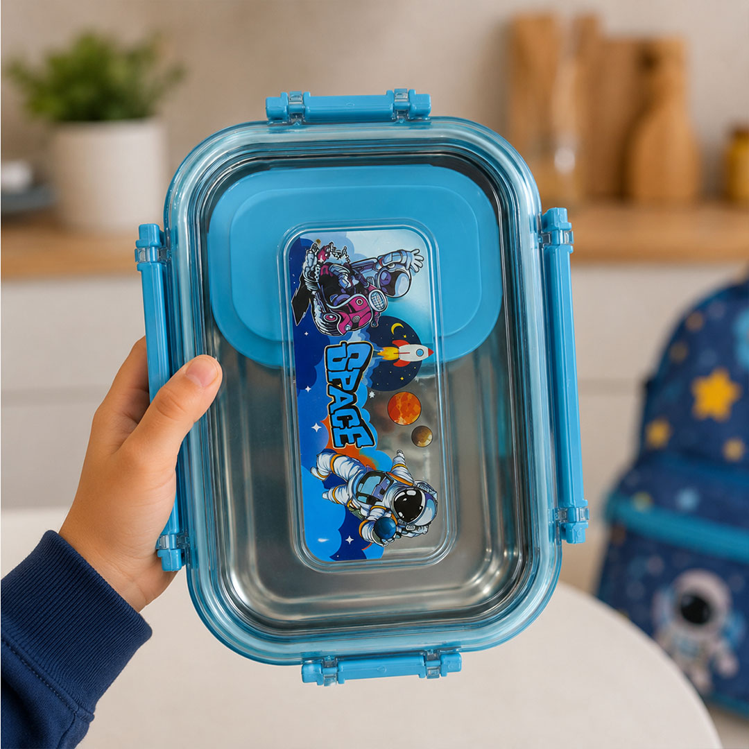 Personalized Space Design Stainless Steel Kids Lunch Box with Custom Name | Leak-Resistant School Tiffin Gift for Boys & Girls - 500ml | Love Craft Gifts™