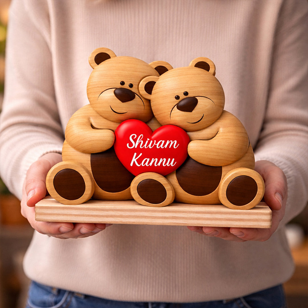 Personalized Teddy Bear Couple Wooden Name Stand – Custom Love Heart Tabletop Decor (8 x 6 Inch) | Love Craft Gifts